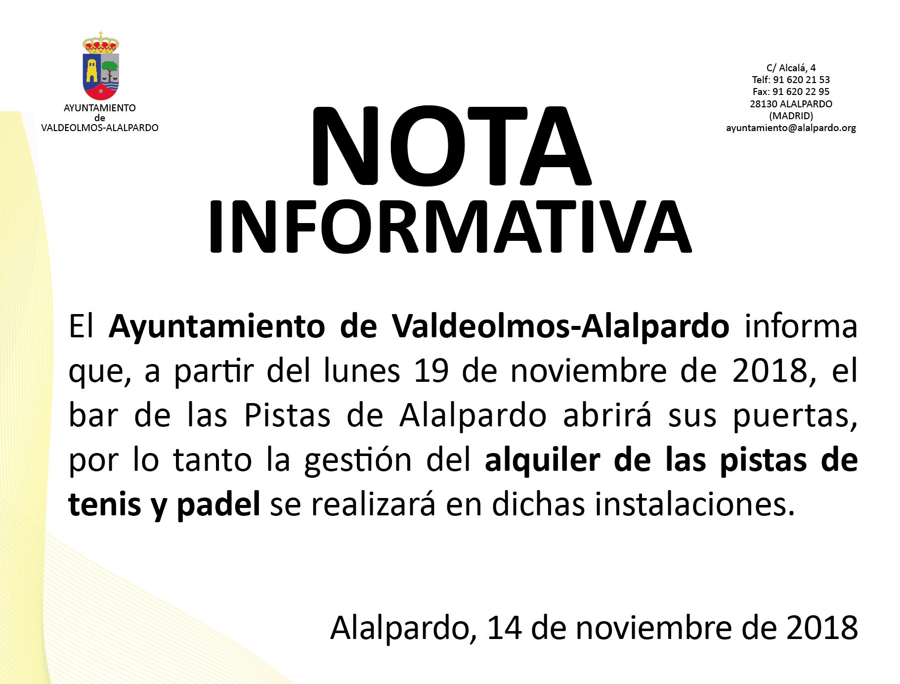 Nota Informativa - ALQUILER PISTAS TENIS y PÁDEL